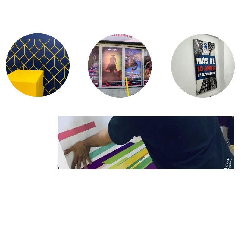 Collage de trabajos de interiorismo gráfico - diseño geométrico, carteles publicitarios, materiales corporativos y paleta de colores